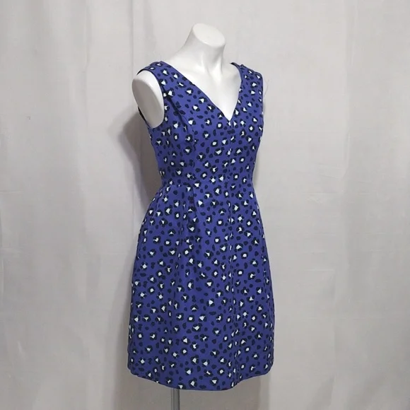 Kate Spade Blue Leopard Print Sleeveless Fit & Flare V-Neck Mini Dress US 10